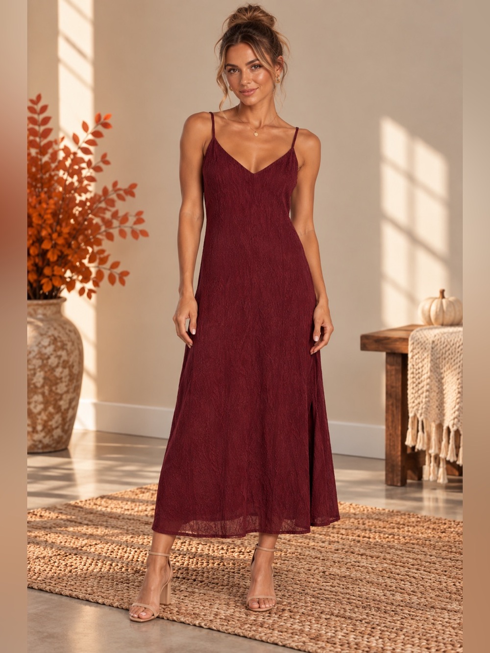 See You Monday Burgundy V-Neck Slip Midi Dress Size M